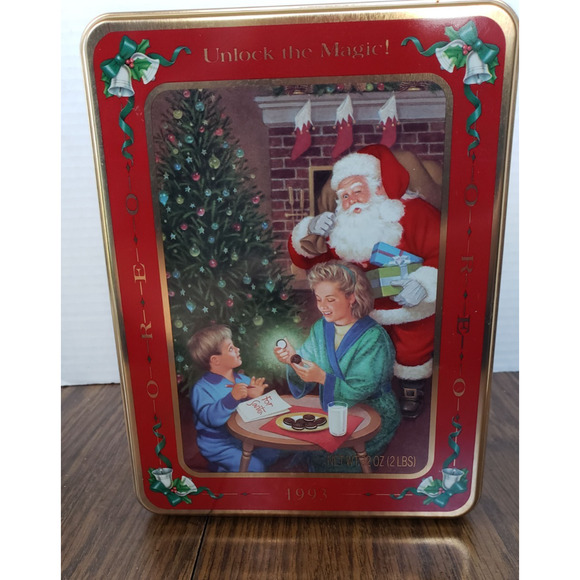 1993 Oreo Cookies Tin Red Unlock the Magic Christmas Morning Santa Tree Vintage - Picture 1 of 11